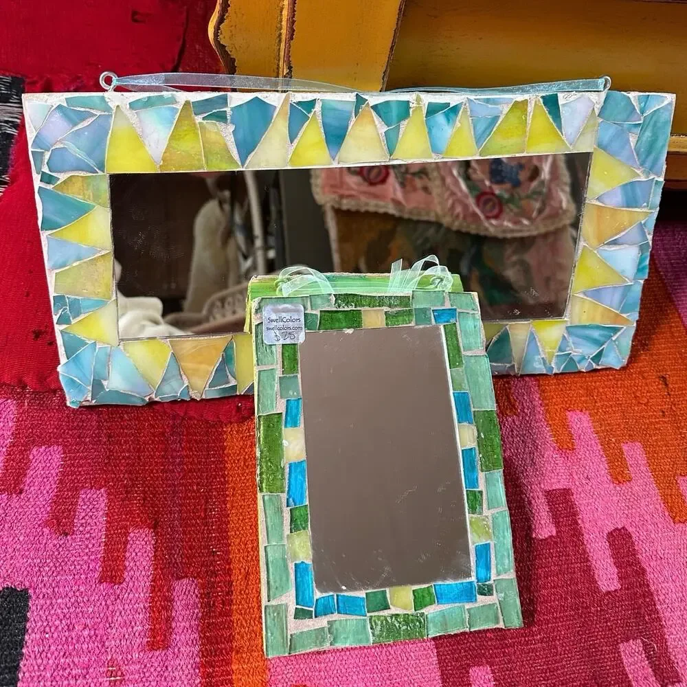 2 Vintage MOSAIC MIRRORS swell colors handmade bohemian green yellow 16x8”,8x6”